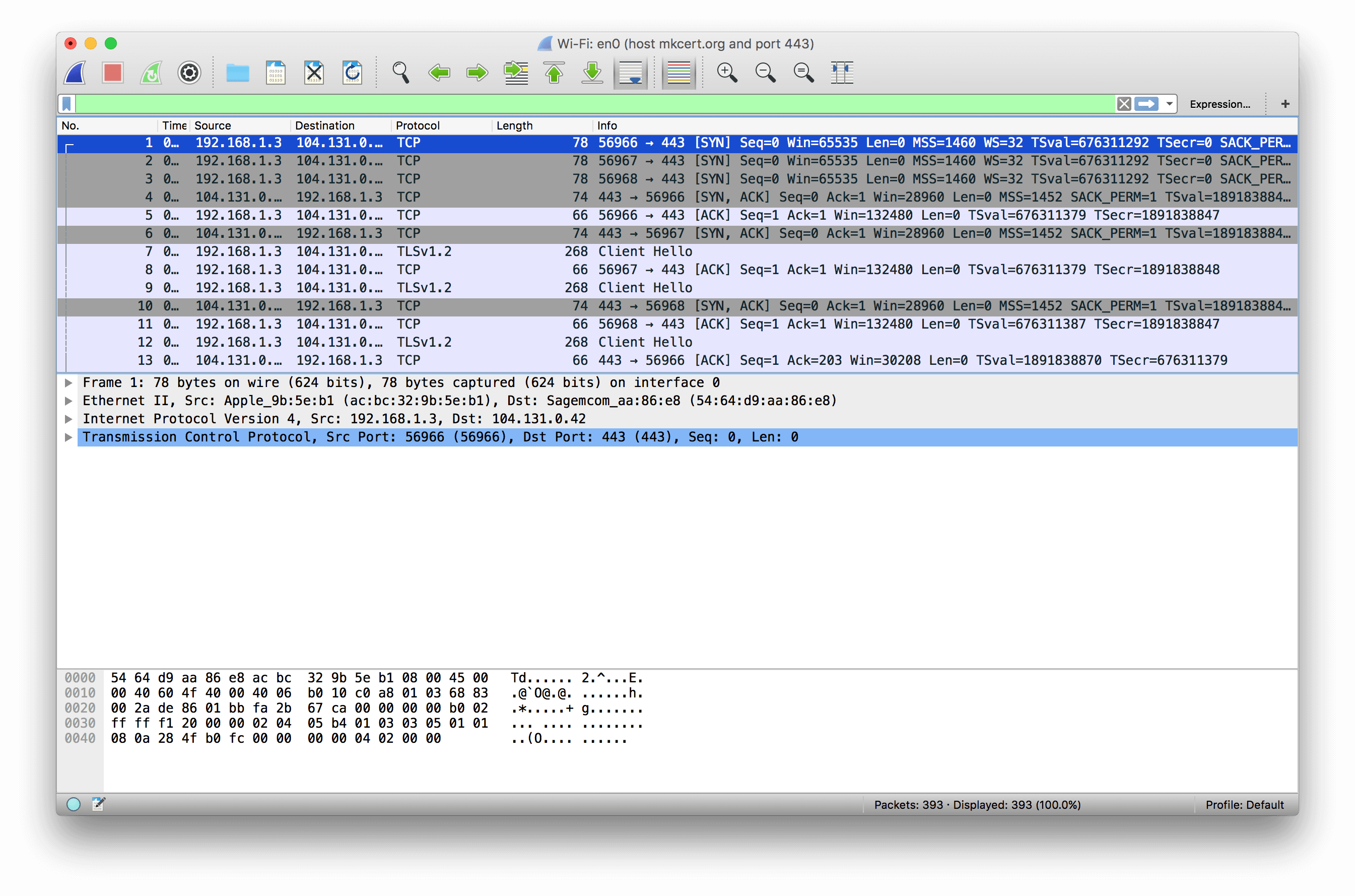 Wireshark's Capture UI with captured packets