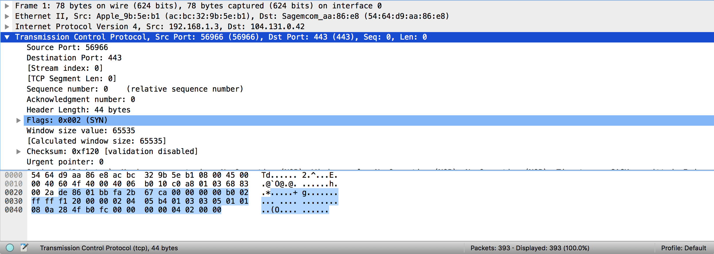 Detail view of single packet in Wireshark