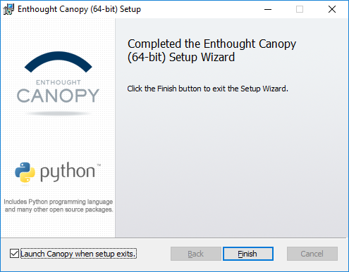 Installing python on Windows - Canopy Final Installation Screen
